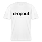 Relaxed fit white tee with 'dropout MILANO' printed in bold black lettering, designed for casual comfort and style.