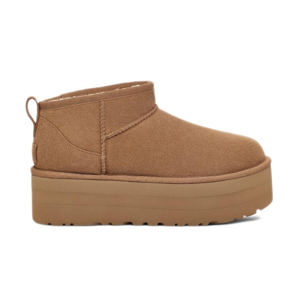 UGG Classic Ultra Mini Platform Chestnut winter boot featuring suede upper and platform sole.